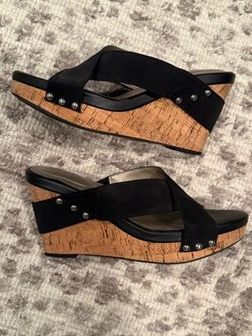Me Too Black Criss Cross Cork Wedge Sandals